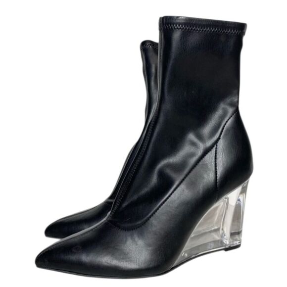 Open Edit Wedge Heel Booties Pointed Toe Ankle Boots Clear Heel Black Size 6 - Picture 1 of 8